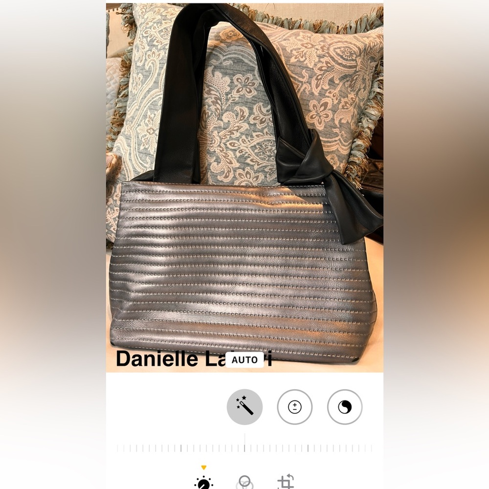 Daniella Lahavi Silver and Black Ribbed Shoulder Bag with Metallic Finish
